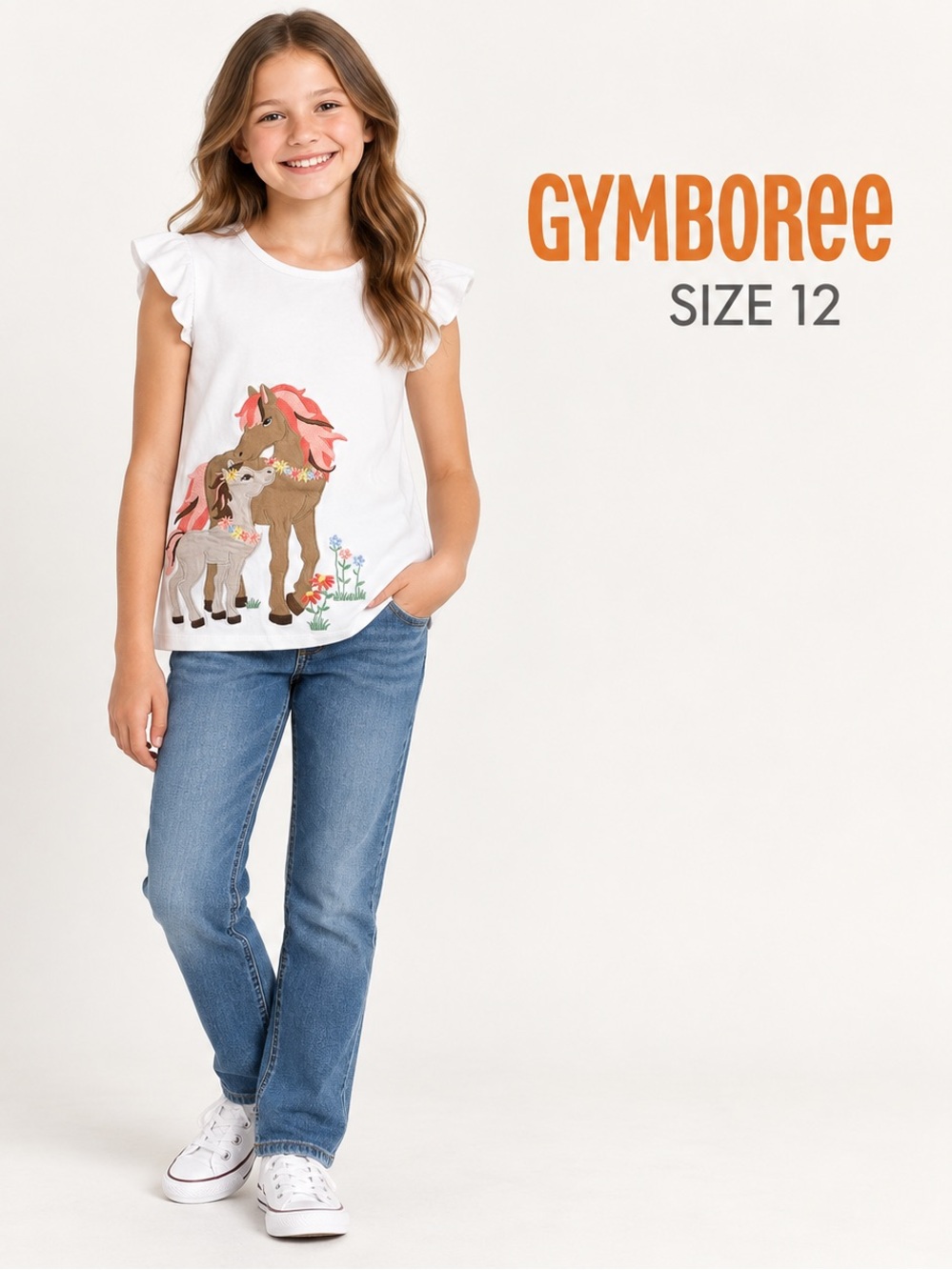 Gymboree Girls Size 12 Horse Appliqué Ruffle Sleeve Top